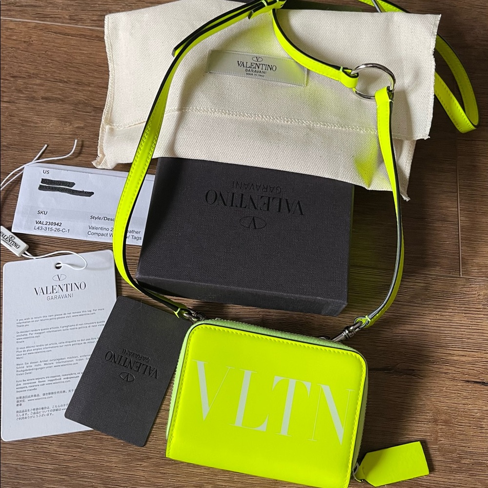 VALENTINO-AUTHENTIC NWT Leather Neon Yellow-Greenish Small Wallet with Strap